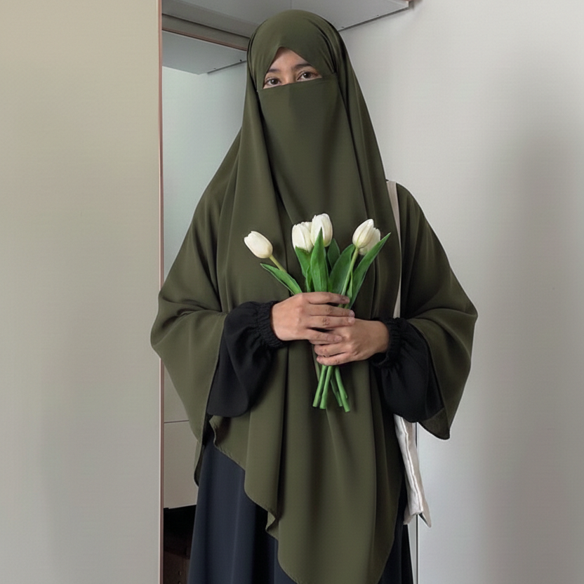 Single Layer Khimar - Olive Green